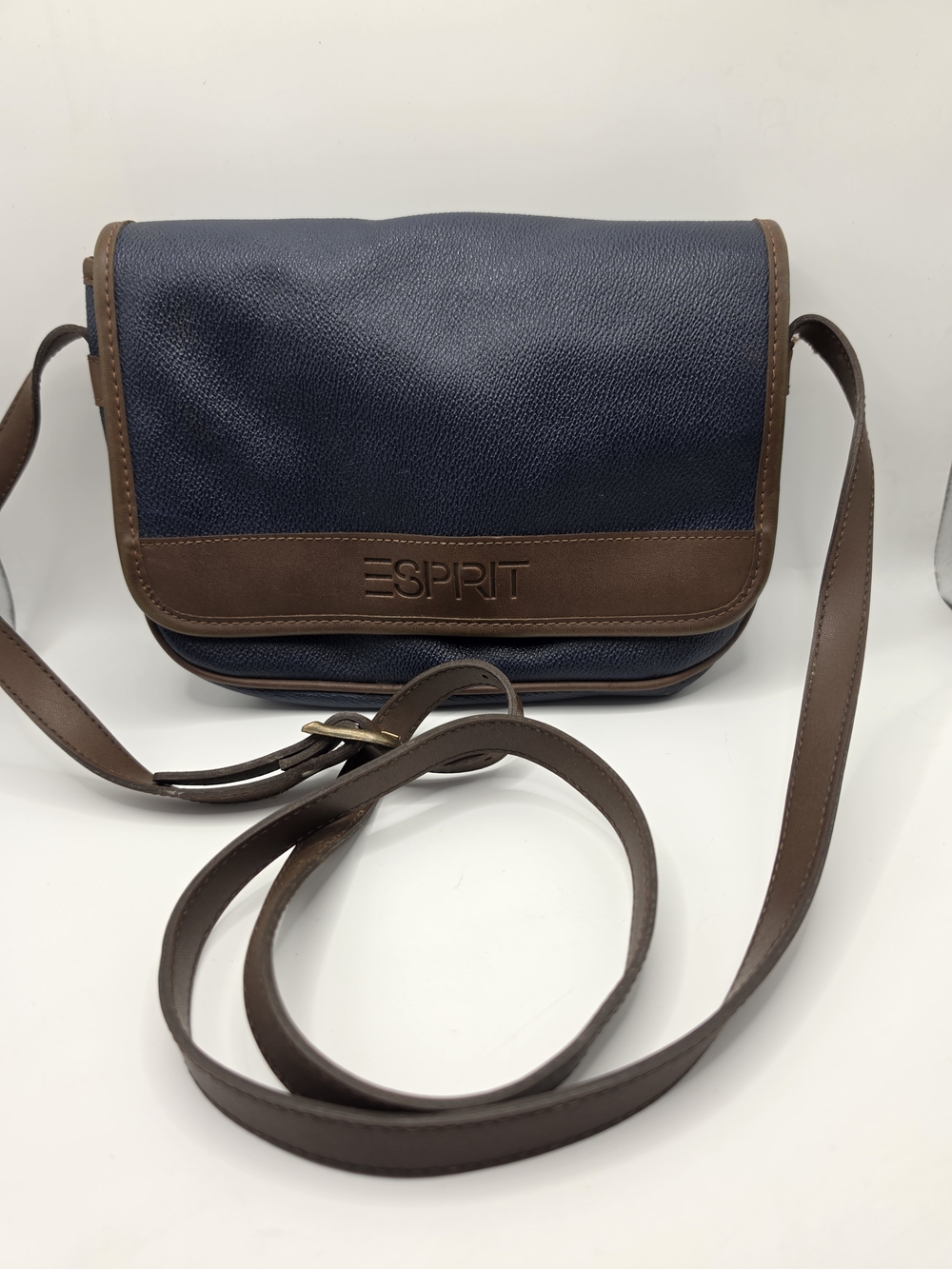 Vintage Esprit Navy Brown Faux Pebbled Leather Crossbody 1980 Flap Bag